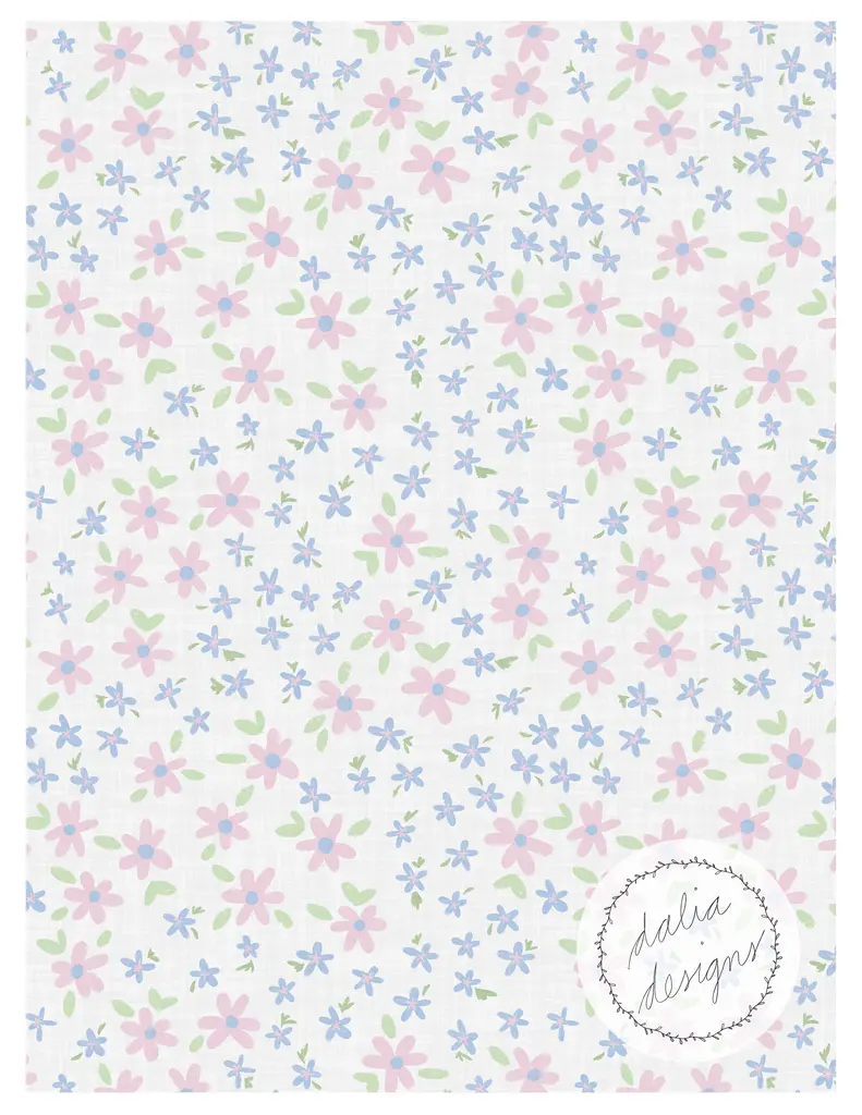 A floral pattern featuring pink and blue flowers with green leaves on a white background, including a 'dalia designs' logo in the bottom right corner.