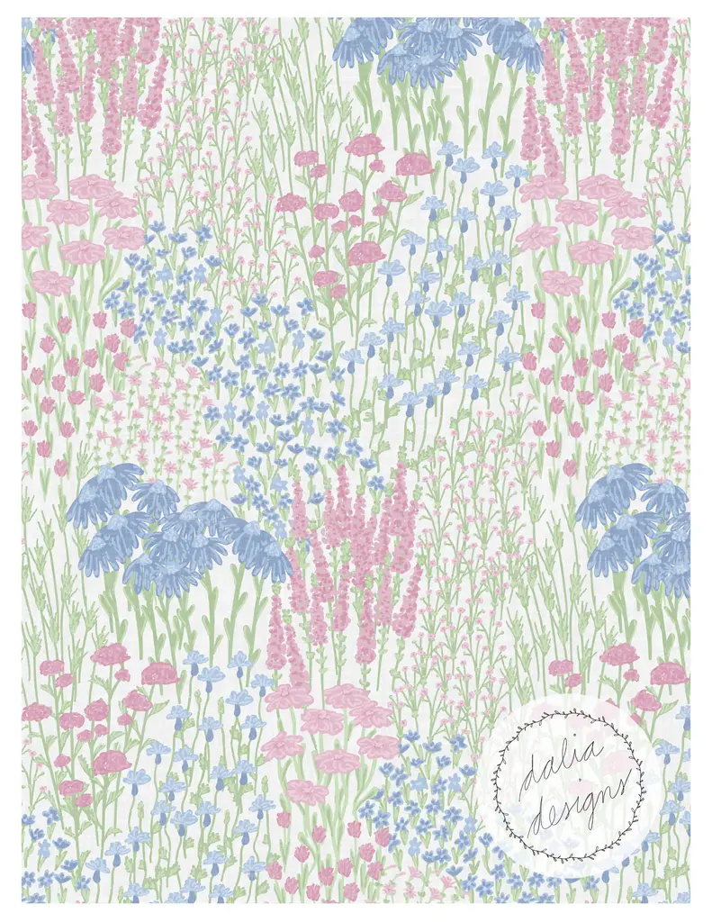 A floral pattern featuring a variety of flowers in pink, blue, and green hues, with lush greenery in the background. The design is whimsical and colorful, incorporating elements like daisies and cornflowers, and includes a logo that reads 'dalia designs'.