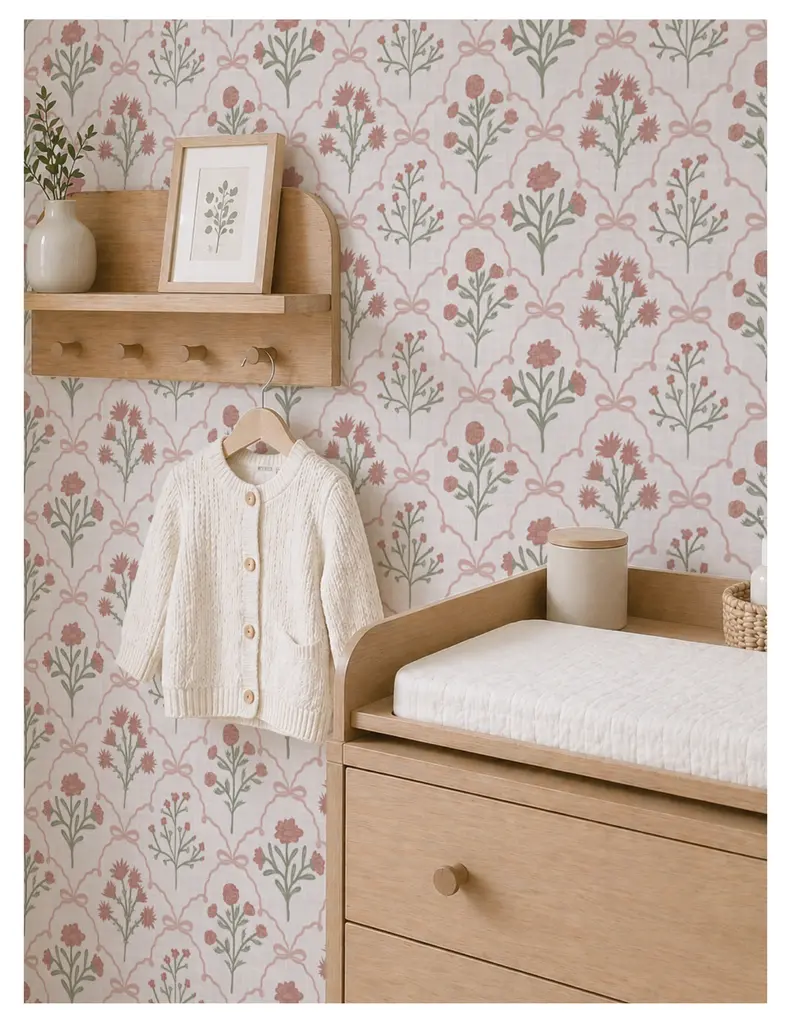 A cozy nursery corner featuring floral wallpaper, a wooden shelf with a framed picture and a vase, a cream-colored cardigan hanging on a hook, and a changing table with a mattress.